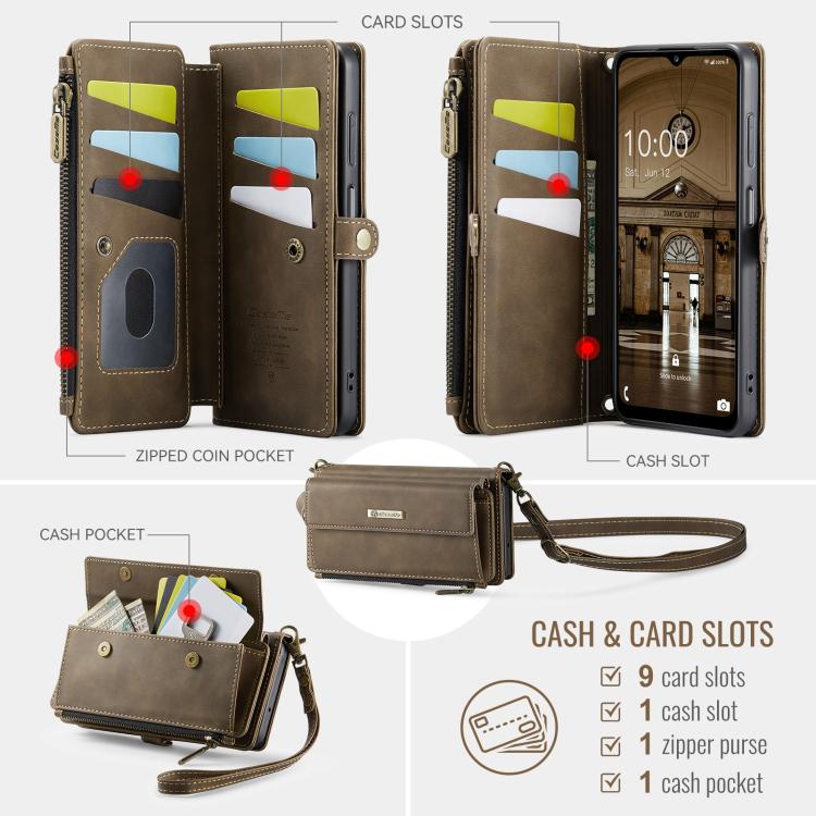 For Samsung Galaxy A13 CaseMe C39 RFID Blocking Zipper Wallet Leather Phone Case with Crossbody Strap