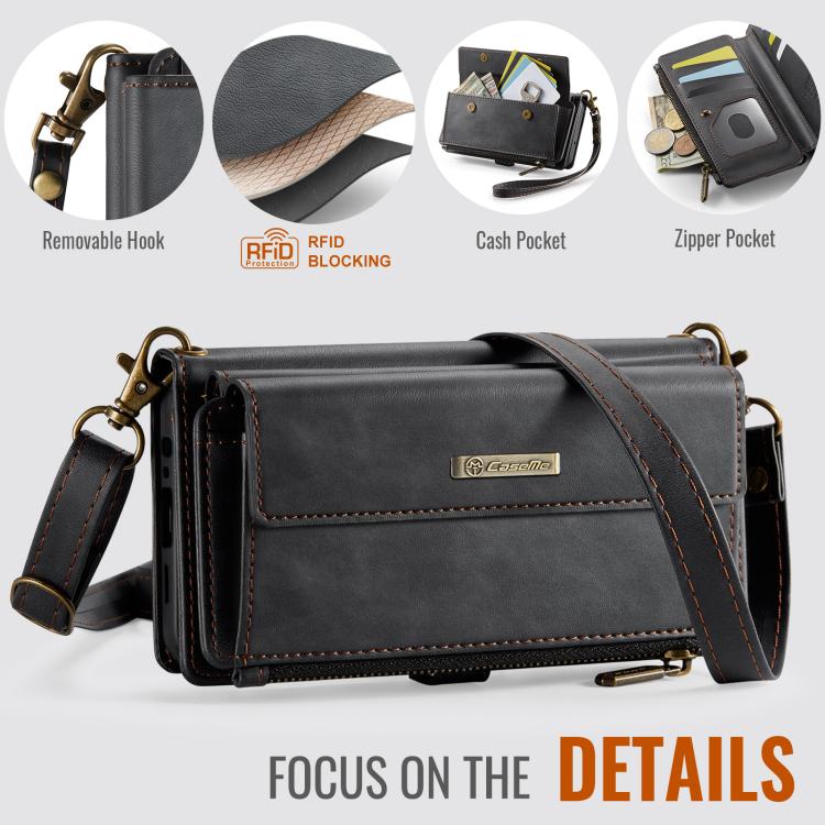 For Samsung Galaxy A14 CaseMe C39 RFID Blocking Zipper Wallet Leather Phone Case with Crossbody Strap