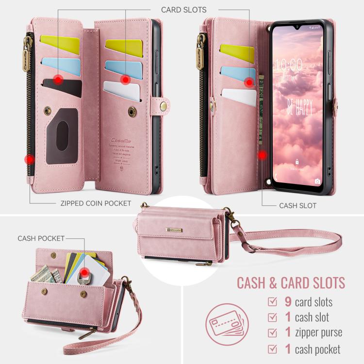 For Samsung Galaxy A14 CaseMe C39 RFID Blocking Zipper Wallet Leather Phone Case with Crossbody Strap