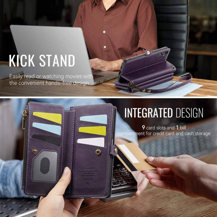 For Samsung Galaxy A14 CaseMe C39 RFID Blocking Zipper Wallet Leather Phone Case with Crossbody Strap