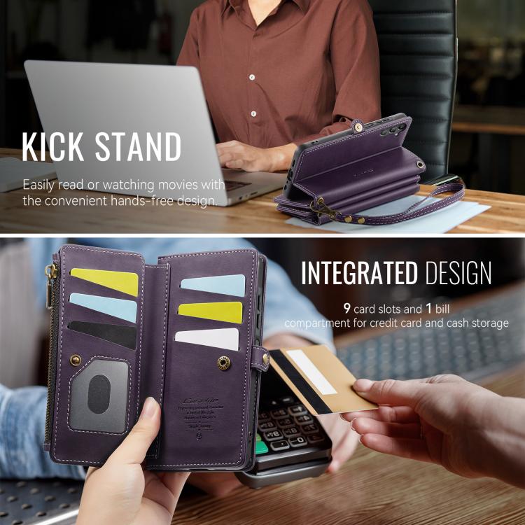 For Samsung Galaxy A15 CaseMe C39 RFID Blocking Zipper Wallet Leather Phone Case with Crossbody Strap