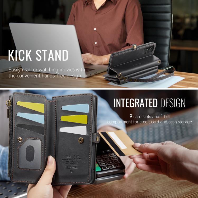 For Samsung Galaxy A52 CaseMe C39 RFID Blocking Zipper Wallet Leather Phone Case with Crossbody Strap