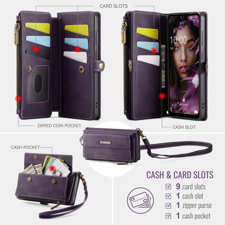 For Samsung Galaxy A52 CaseMe C39 RFID Blocking Zipper Wallet Leather Phone Case with Crossbody Strap
