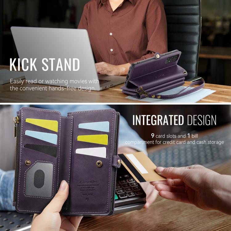 For Samsung Galaxy A52 CaseMe C39 RFID Blocking Zipper Wallet Leather Phone Case with Crossbody Strap