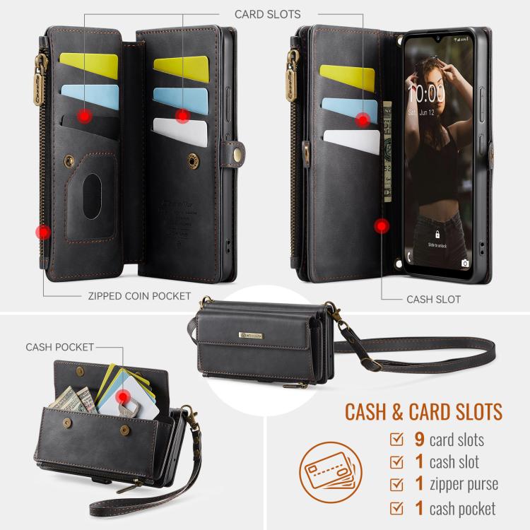 For Samsung Galaxy A53 CaseMe C39 RFID Blocking Zipper Wallet Leather Phone Case with Crossbody Strap