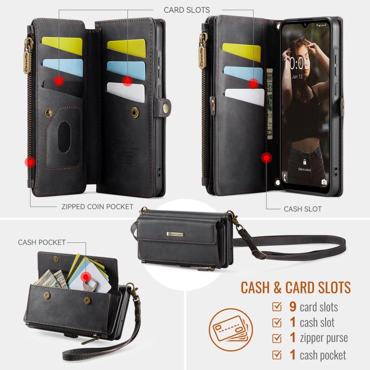 For Samsung Galaxy A55 5G CaseMe C39 RFID Blocking Zipper Wallet Leather Phone Case with Crossbody Strap