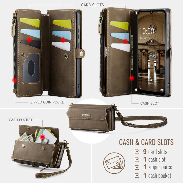 For Samsung Galaxy A55 5G CaseMe C39 RFID Blocking Zipper Wallet Leather Phone Case with Crossbody Strap