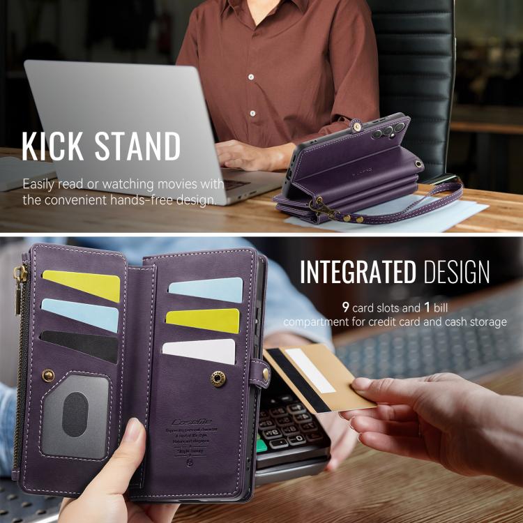 For Samsung Galaxy A55 5G CaseMe C39 RFID Blocking Zipper Wallet Leather Phone Case with Crossbody Strap
