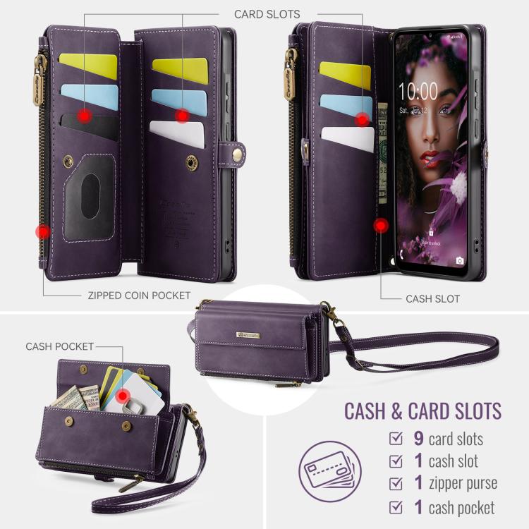 For Samsung Galaxy A56 5G CaseMe C39 RFID Blocking Zipper Wallet Leather Phone Case with Crossbody Strap