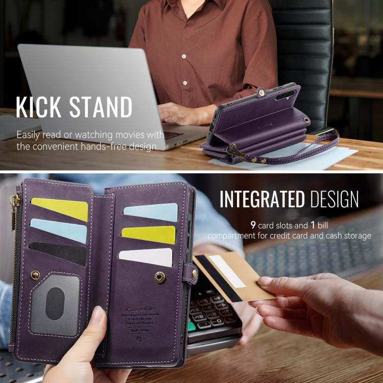 For Samsung Galaxy A56 5G CaseMe C39 RFID Blocking Zipper Wallet Leather Phone Case with Crossbody Strap