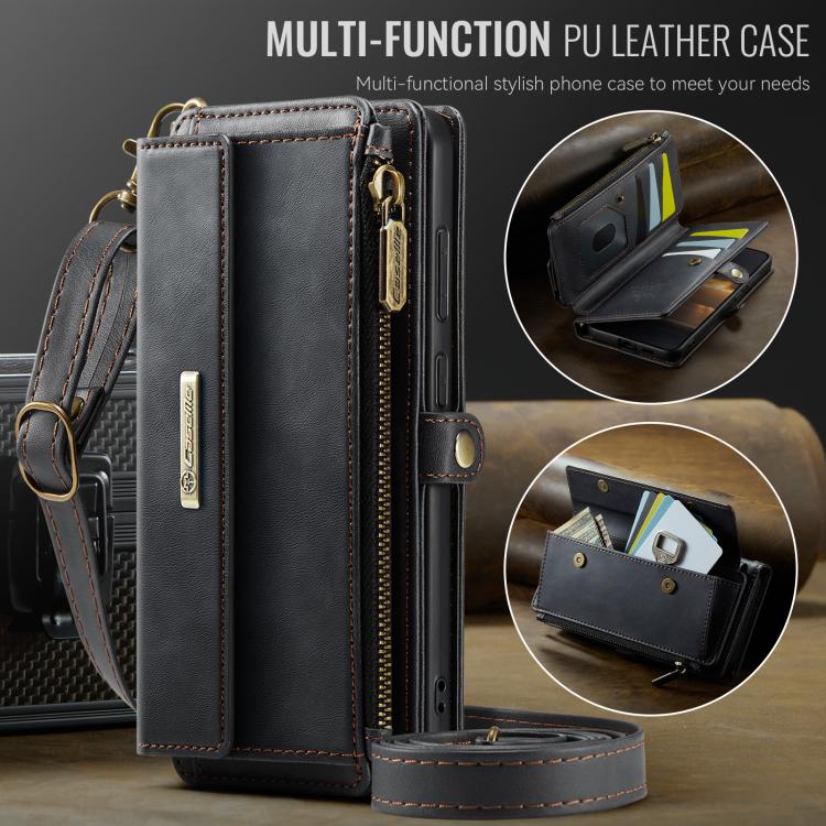 For Samsung Galaxy S25 FE 5G CaseMe C39 RFID Blocking Zipper Wallet Leather Phone Case with Crossbody Strap