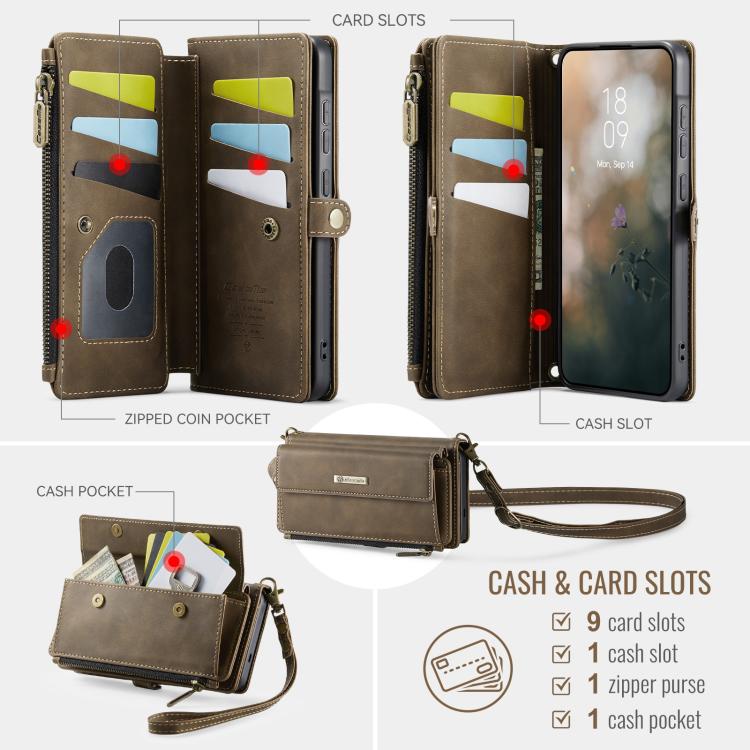 For Samsung Galaxy A57 5G CaseMe C39 RFID Blocking Zipper Wallet Leather Phone Case with Crossbody Strap