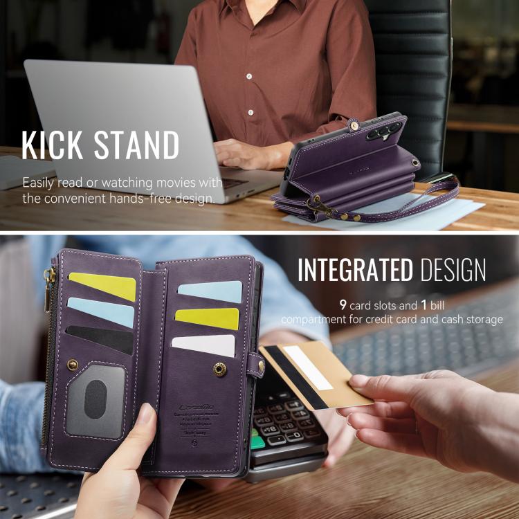For Samsung Galaxy A57 5G CaseMe C39 RFID Blocking Zipper Wallet Leather Phone Case with Crossbody Strap