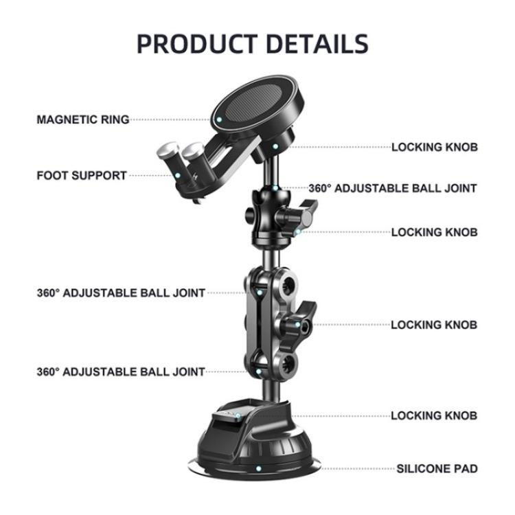 XWJ037 Suction Cup Base Long Arm Cellphone Bracket Short Type MagSafe Car Phone Holder