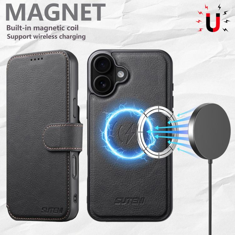 For iPhone 16 Plus Suteni Q05 2-in-1 Multi-function MagSafe Wallet Litchi Leather Phone Case