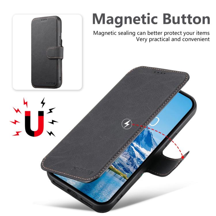 For iPhone 15 Plus Suteni Q05 2-in-1 Multi-function MagSafe Wallet Litchi Leather Phone Case