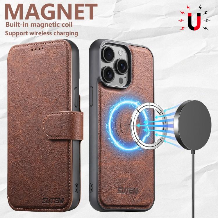 For iPhone 15 Suteni Q05 2-in-1 Multi-function MagSafe Wallet Litchi Leather Phone Case