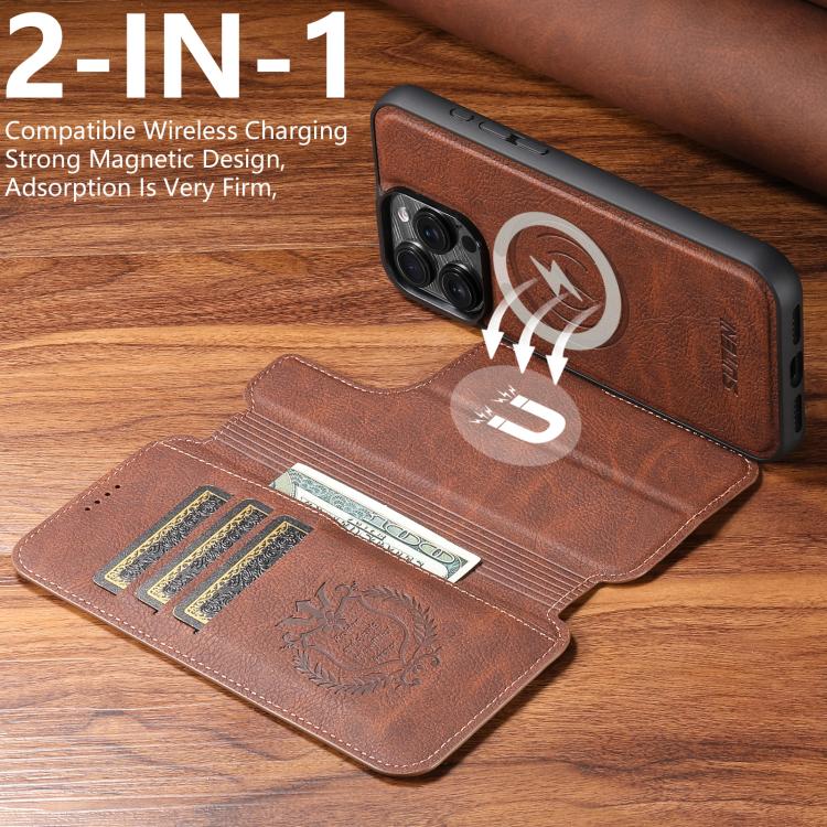 For iPhone 14 Pro Max Suteni Q05 2-in-1 Multi-function MagSafe Wallet Litchi Leather Phone Case