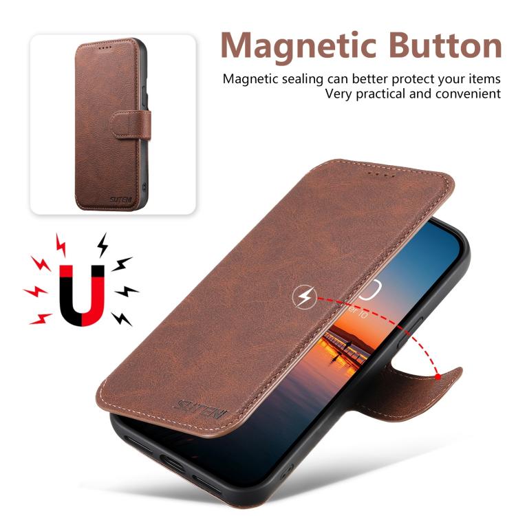 For iPhone 14 Plus Suteni Q05 2-in-1 Multi-function MagSafe Wallet Litchi Leather Phone Case