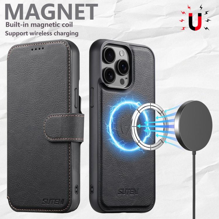 For iPhone 13 Suteni Q05 2-in-1 Multi-function MagSafe Wallet Litchi Leather Phone Case