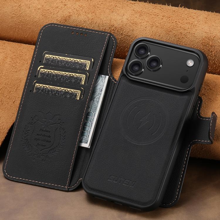 For iPhone 17 Pro Max Suteni Q05 2-in-1 Multi-function MagSafe Wallet Litchi Leather Phone Case