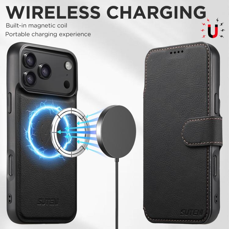 For iPhone 17 Pro Max Suteni Q05 2-in-1 Multi-function MagSafe Wallet Litchi Leather Phone Case