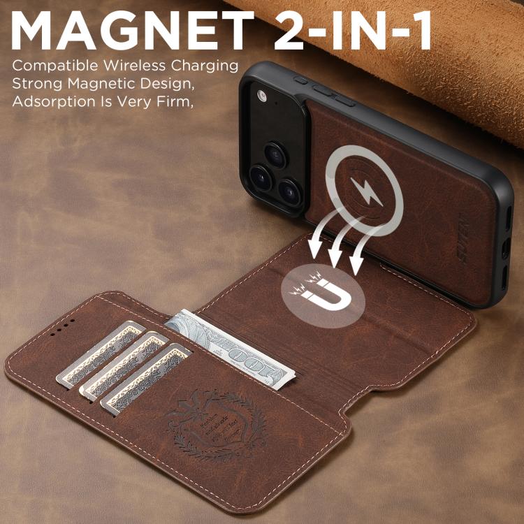 For iPhone 17 Pro Max Suteni Q05 2-in-1 Multi-function MagSafe Wallet Litchi Leather Phone Case