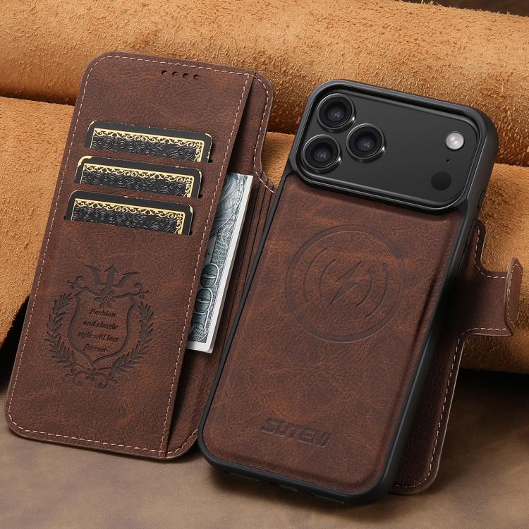 For iPhone 17 Pro Suteni Q05 2-in-1 Multi-function MagSafe Wallet Litchi Leather Phone Case