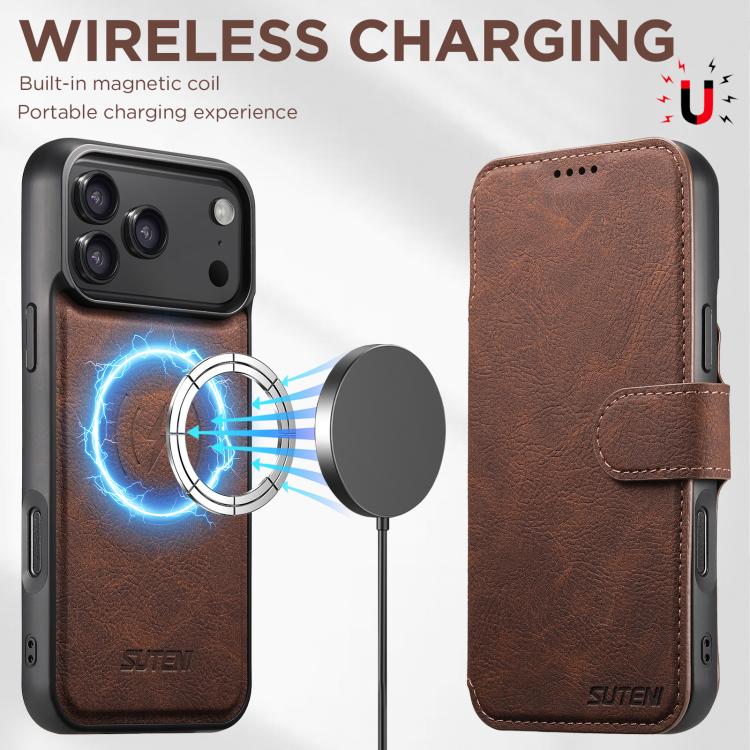 For iPhone 17 Pro Suteni Q05 2-in-1 Multi-function MagSafe Wallet Litchi Leather Phone Case