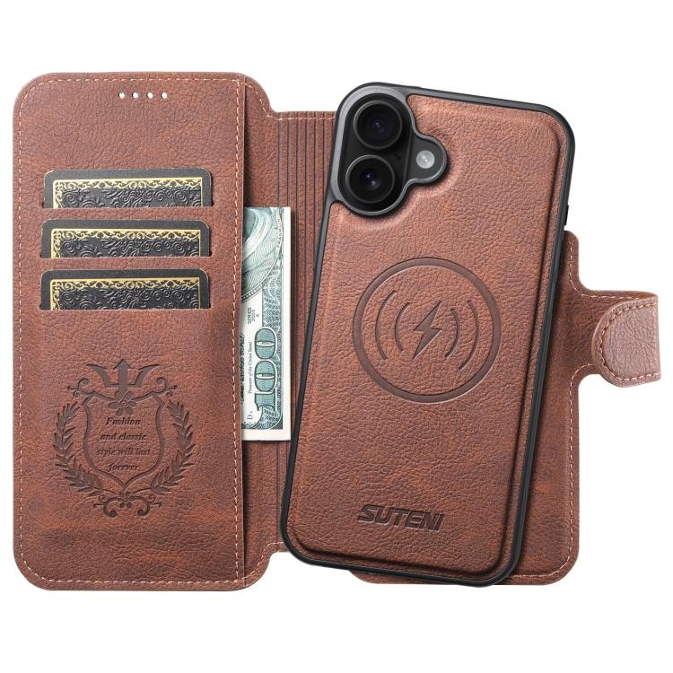 For iPhone 17 Suteni Q05 2-in-1 Multi-function MagSafe Wallet Litchi Leather Phone Case