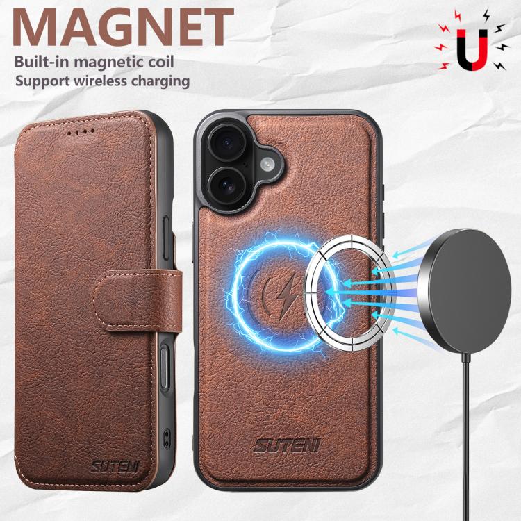 For iPhone 17 Suteni Q05 2-in-1 Multi-function MagSafe Wallet Litchi Leather Phone Case