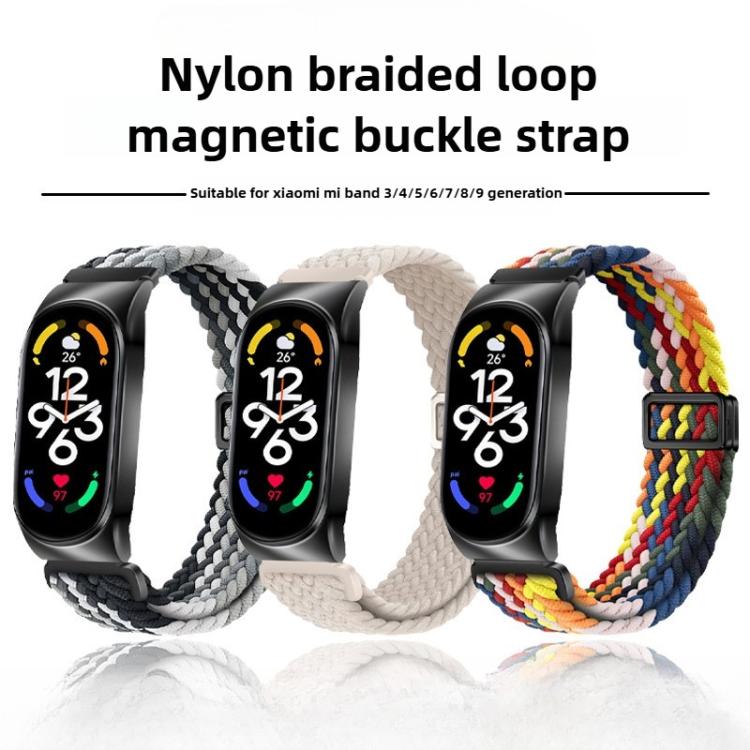 For Xiaomi Mi Band 7 Metal Frame Magnetic Buckle Nylon Braided Elastic Watch Band