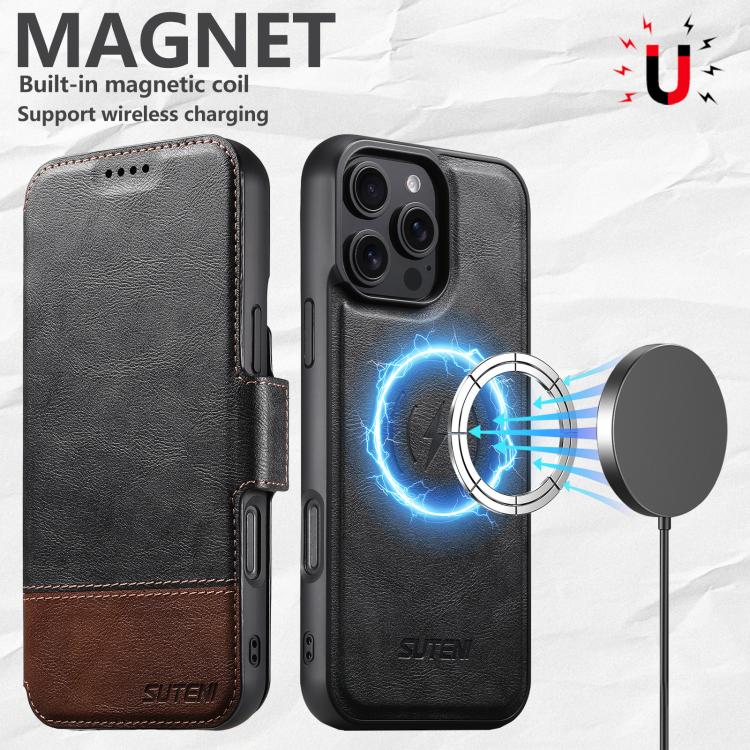 For iPhone 16 Pro Suteni Q06 2-in-1 Multi-function Detachable Wallet MagSafe Phone Case