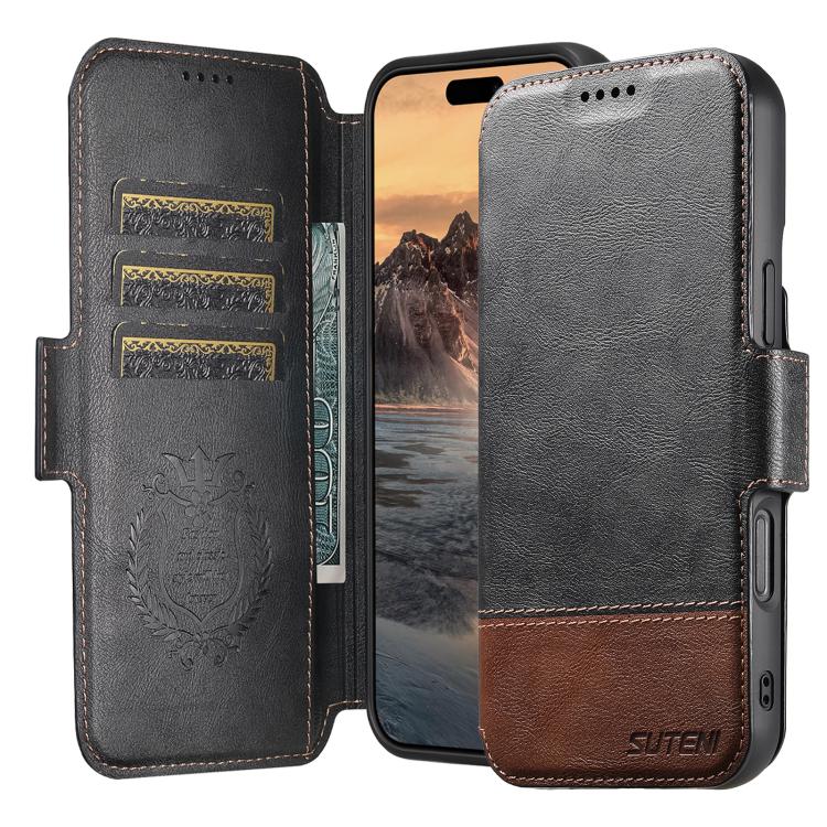 For iPhone 16 Plus Suteni Q06 2-in-1 Multi-function Detachable Wallet MagSafe Phone Case