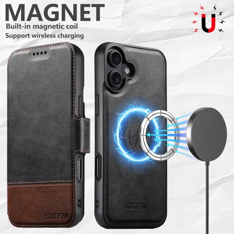 For iPhone 16 Plus Suteni Q06 2-in-1 Multi-function Detachable Wallet MagSafe Phone Case
