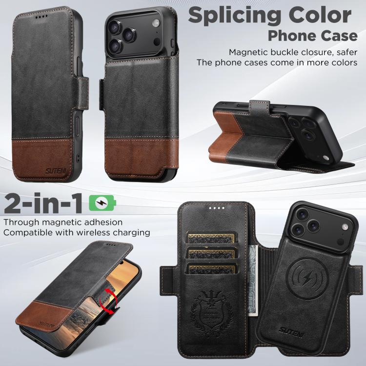 For iPhone 17 Pro Suteni Q06 2-in-1 Multi-function Detachable Wallet MagSafe Phone Case