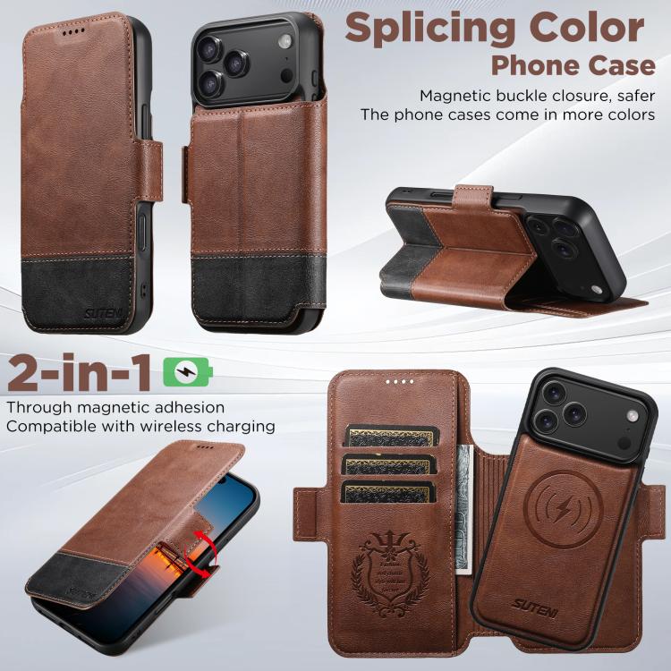 For iPhone 17 Pro Suteni Q06 2-in-1 Multi-function Detachable Wallet MagSafe Phone Case