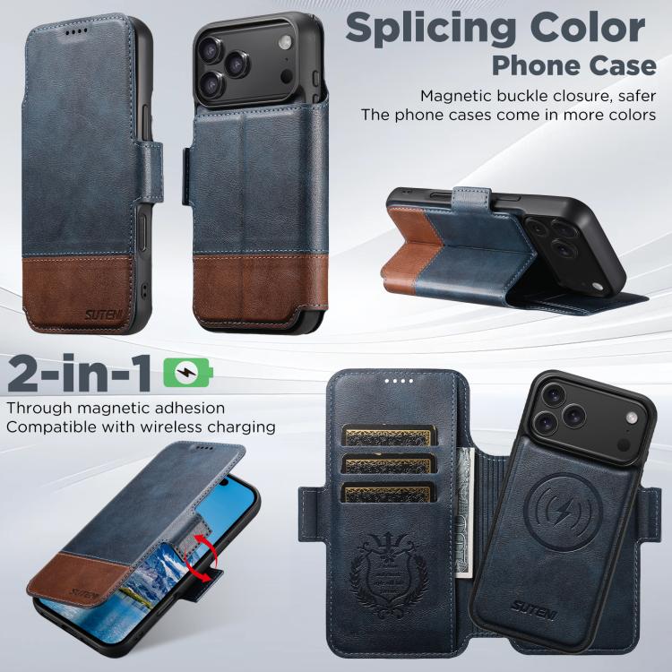 For iPhone 17 Pro Suteni Q06 2-in-1 Multi-function Detachable Wallet MagSafe Phone Case