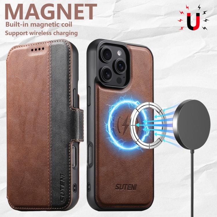 For iPhone 16 Pro Max Suteni Q07 2-in-1 Multi-function Detachable Wallet MagSafe Phone Case