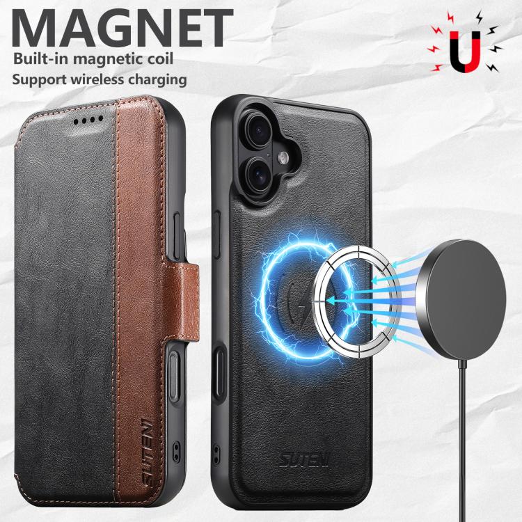 For iPhone 16 Suteni Q07 2-in-1 Multi-function Detachable Wallet MagSafe Phone Case