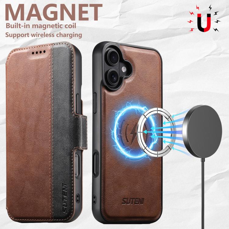For iPhone 16 Suteni Q07 2-in-1 Multi-function Detachable Wallet MagSafe Phone Case