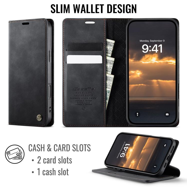 For iPhone 16 CaseMe 033 Calf Leather Lining Microfibre RFID Blocking Phone Case