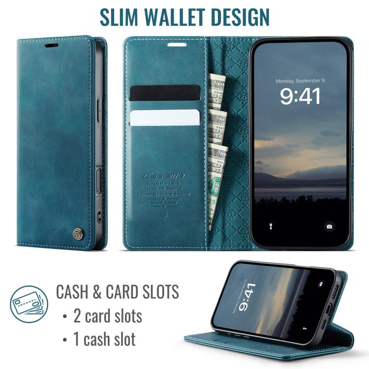 For iPhone 16 CaseMe 033 Calf Leather Lining Microfibre RFID Blocking Phone Case