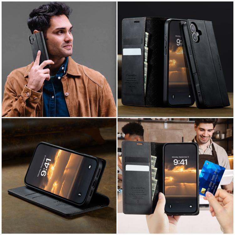 For iPhone 16 Plus CaseMe 033 Calf Leather Lining Microfibre RFID Blocking Phone Case