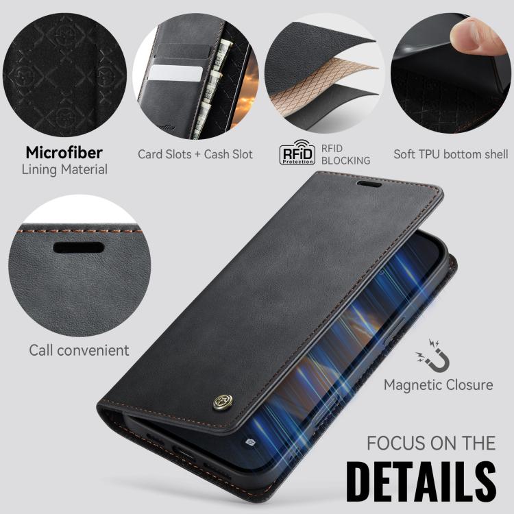 For iPhone 16 Plus CaseMe 033 Calf Leather Lining Microfibre RFID Blocking Phone Case