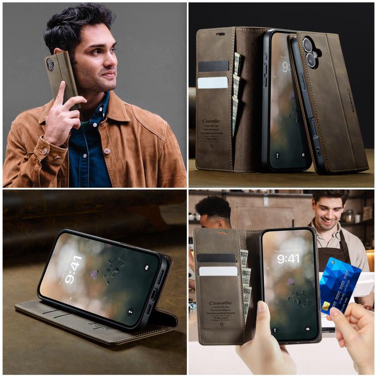 For iPhone 16 Plus CaseMe 033 Calf Leather Lining Microfibre RFID Blocking Phone Case