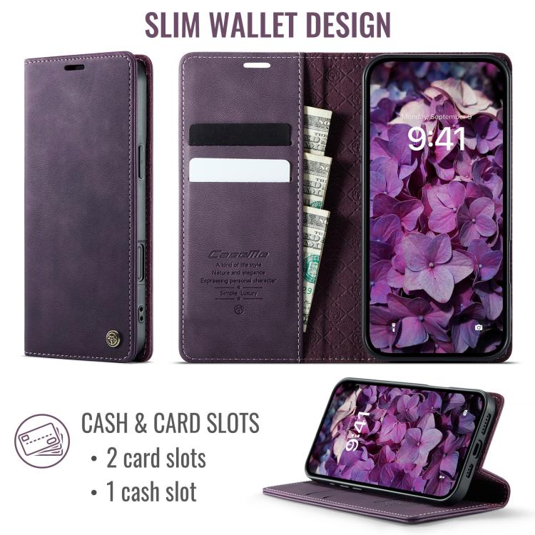 For iPhone 16 Plus CaseMe 033 Calf Leather Lining Microfibre RFID Blocking Phone Case