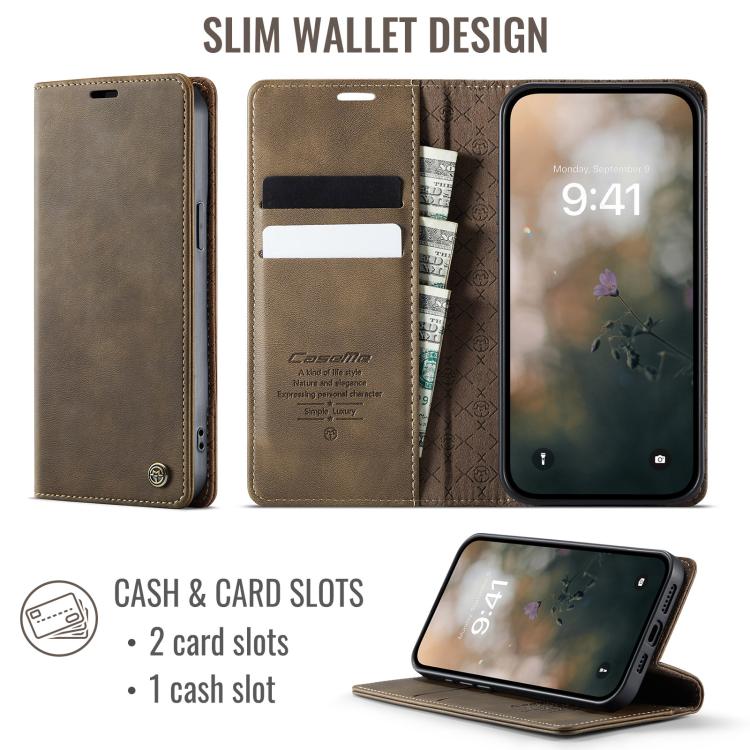 For iPhone 17e / 16e CaseMe 033 Calf Leather Lining Microfibre RFID Blocking Phone Case