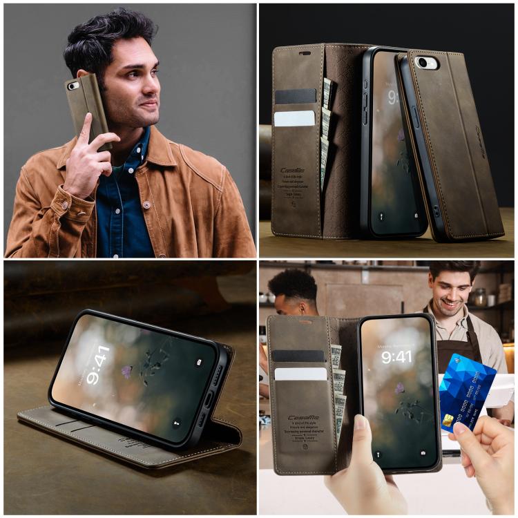 For iPhone 17e / 16e CaseMe 033 Calf Leather Lining Microfibre RFID Blocking Phone Case