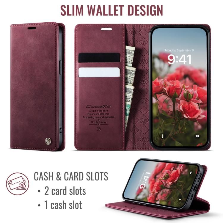 For iPhone 17e / 16e CaseMe 033 Calf Leather Lining Microfibre RFID Blocking Phone Case